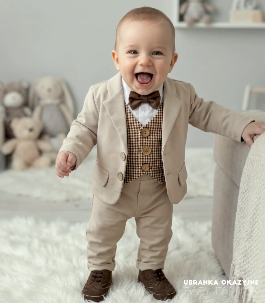 Beżowy garnitur niemowlęcy z kamizelką w pepitkę i muchą