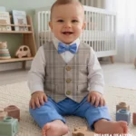 Szara kamizelka w kratkę białe koszulo-body oraz niebieskie spodnie i mucha