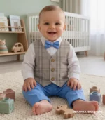 Szara kamizelka w kratkę białe koszulo-body oraz niebieskie spodnie i mucha