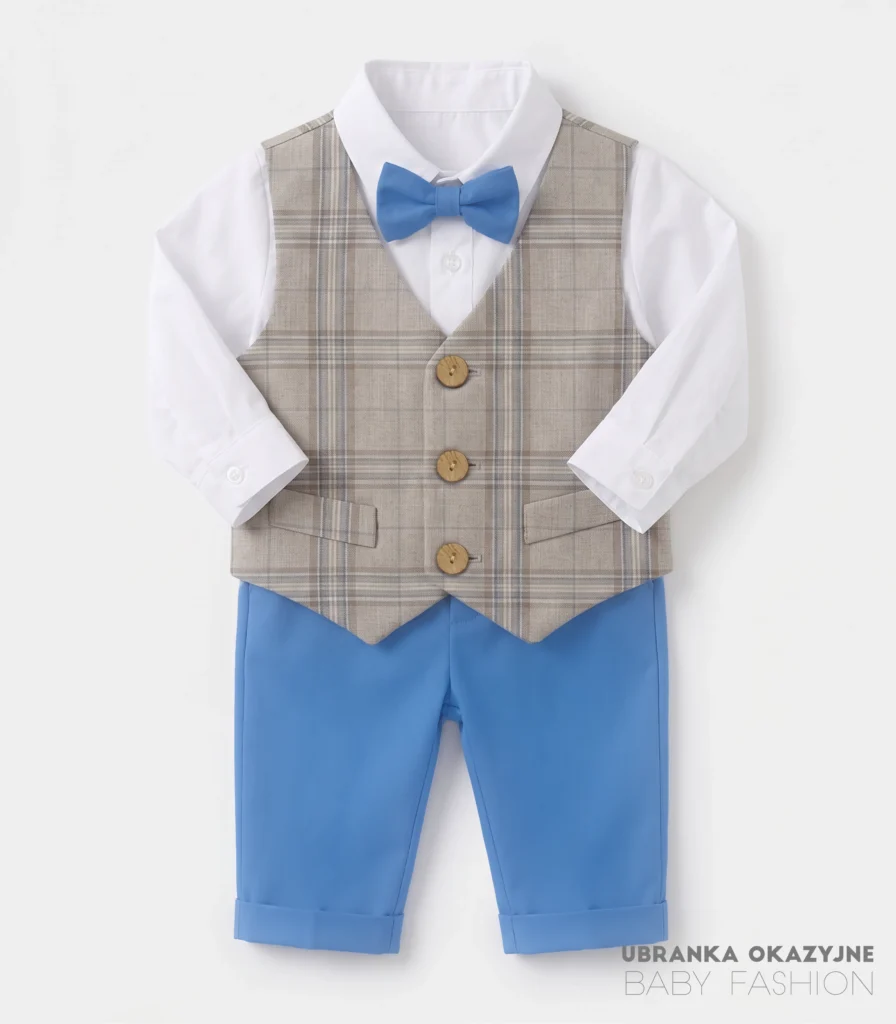 Zestaw dla dziecka białe koszulo-body szara kamizelka w kratkę oraz niebieskie spodnie.