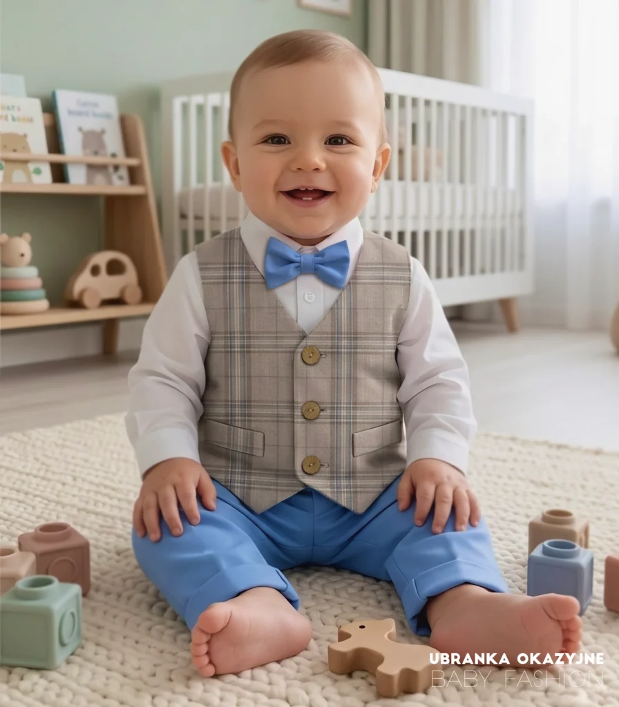 Szara kamizelka w kratkę białe koszulo-body oraz niebieskie spodnie i mucha