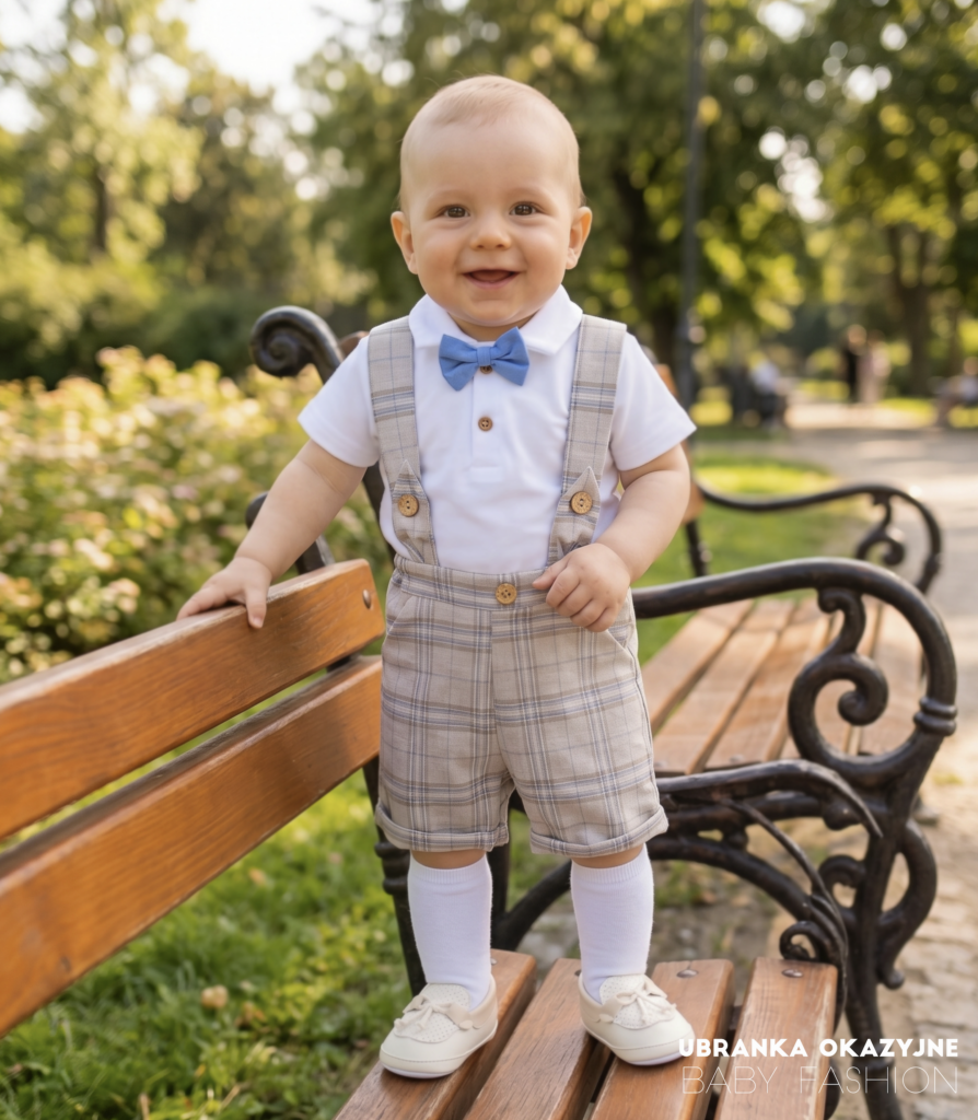 Letnie trendy w modzie dziecięcej: Jak stylowo i wygodnie ubrać małego dżentelmena? 4 Krotkie szare spodenki w kratke i biale body z blekitna muszka 1 1