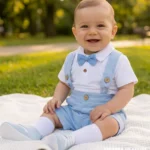 Zestaw błękitne krótkie spodenki na szelkach białe body i błękitna muszka